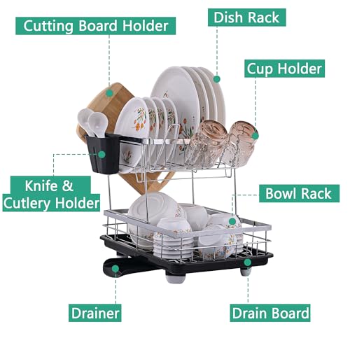 Image of Kuber Industries Stainless Steel 2-Tier Kitchen Dish Drainer Rack with Removable Drain Board | Dishwash Organizer | Utensils Drying Rack with Drainer Tray | Vessel /Bartan Stand for Sink | Black