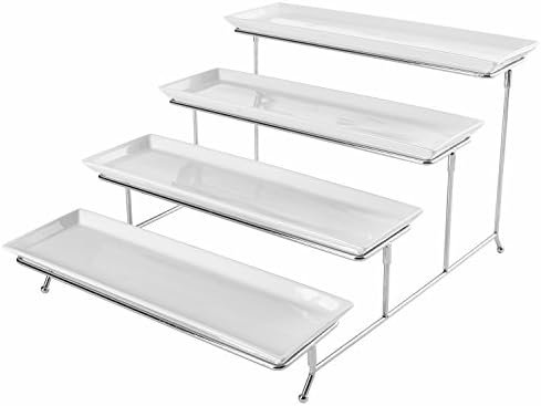 MyGift 4 Tier White Ceramic Party Serving Platter/Food Display Trays on Chrome Plated Metal Stand