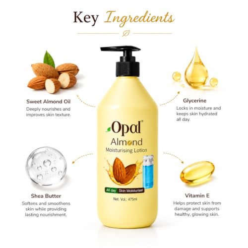Image of OPAL Almond Moisturising Body Lotion, 475ml | Deep Moisture Body Lotion for Dry Skin | Fast Absorbing Non-Greasy Moisturizer for Women & Men | Daily Use Body Lotions for All Skin Types Summer & Winter