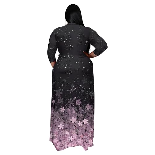 Image of Nmoder Plus Size Maxi Dress for Women - Summer Casual 3 /4 Sleeve Floral Flowy Long Dress with Belt XL- 6XL