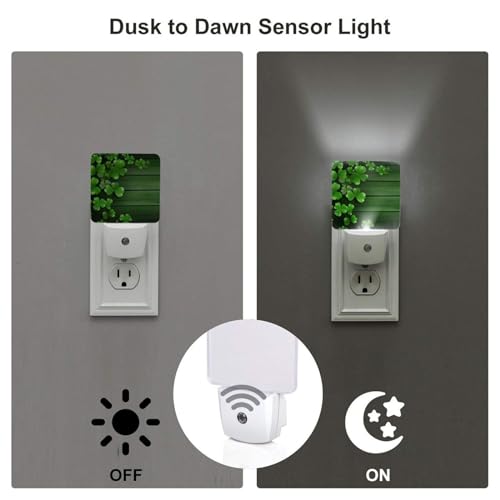 Image of Green Clovers Wood Night Light Set of 2, St Patrick's Day Auto Sensor LED Dusk-to-Dawn Nightlights, Plug-in Sensor Lamp for Bedroom Bathroom Kitchen Hallway Stairs Decorative