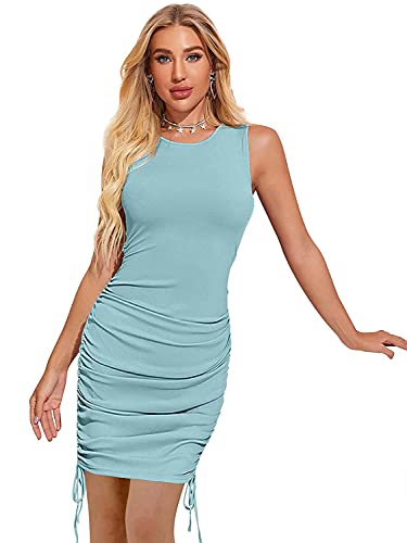 Image of LONDON BELLY Women's Solid Pattern Polyester Blend Bodycon Mini Dress with Drawstring Fitted Closure Type Round Neck and Sleeveless Thigh Length | One Piece Dresses for Women