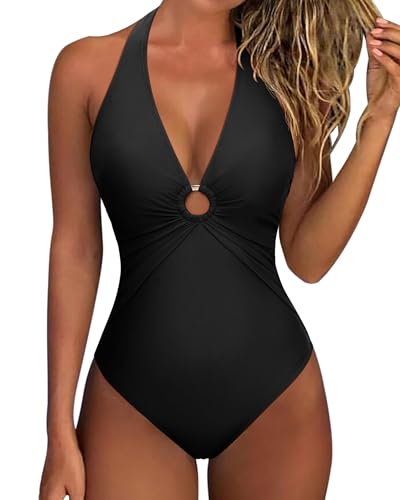 RXRXCOCO Women Sexy Tummy Control One Piece Swimsuits Halter Ruched Bathing Suit Black Large