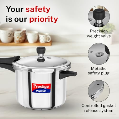 Image of Prestige 5 Litre Stainless Steel Popular Outerlid Pressure Cooker |Gas & Induction Compatible|3 layers sandwich bottom|Controlled Gasket Release System|5 Years warranty|ISI Certified