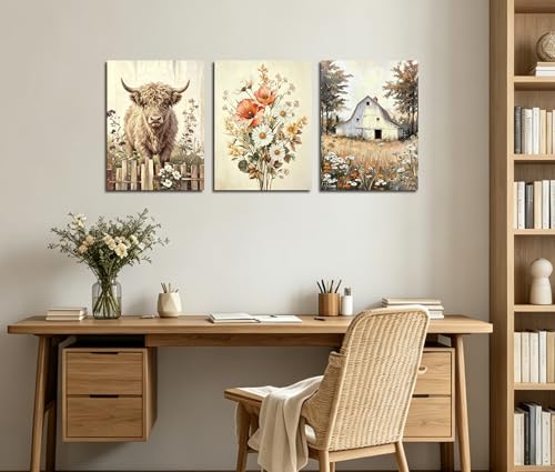 Image of Frimeeme Wildflower Farmhouse Poster Set of 3, 12x16 Inch | Highland Cow Wall Art,Unframed Prints