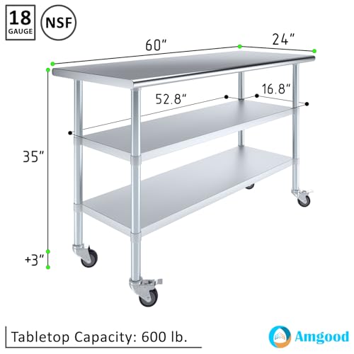 Image of AmGood Stainless Steel Work Table with 2 Shelves and Casters | Metal Utility Table On Wheels (Stainless Steel Work Table with 2 Shelves + Casters, 60 inch Long x 24 inch Deep)