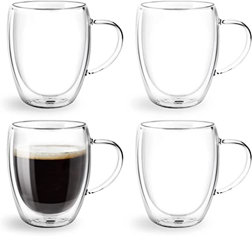 Nuscen Set of 4 Double Walled Glass Coffee Mugs,350ml Heat Resistant Espresso Cups for Cappuccino Macchiato, Tea, Milk, Juice