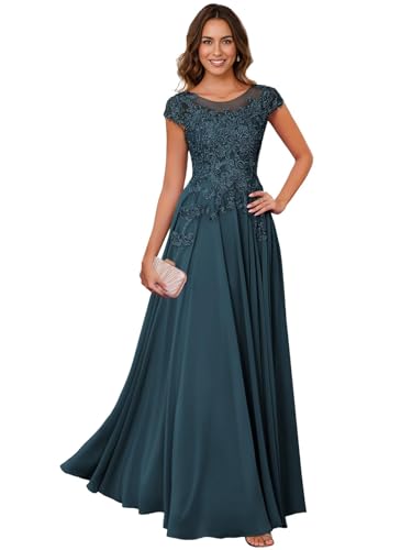 Image of Lace Applique Chiffon Mother of Bride Dresses - Short Sleeve Pleated Long Mother of The Groom Dress