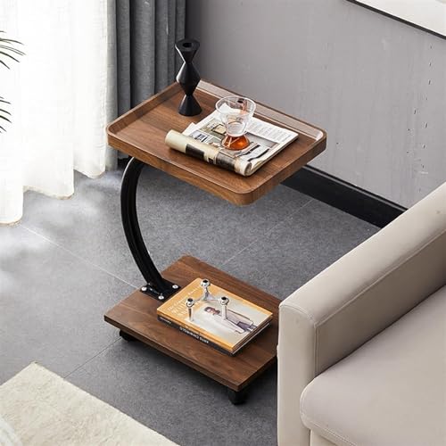 Table d'appoint de canapé avec roulettes en métal noir et bois