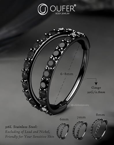 OUFER Black Nose Rings Hoops, Halloween 316L Surgical Steel 20G Double Hoop Nose Rings for Women, Hinged Segment Clicker Helix Cartilage Conch Rook Tragus Daith Piercing Jewelry-6/7/8MM4