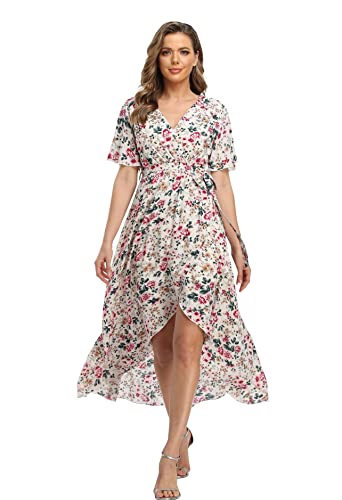 Image of VintageClothing Women's Wrap V Neck Floral Summer Dresses High Low Maxi Casual