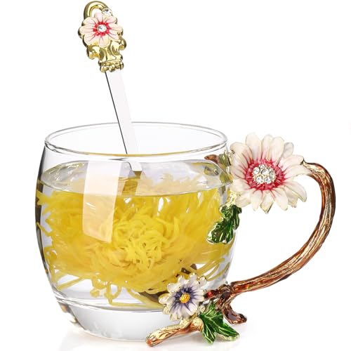 onepeng Conjunto de xícara de chá de vidro sem chumbo e cristal de girassol esmaltado, presente para o Natal, Dia dos Namorados. Melhor presente para mãe, avó, namorada, irmã