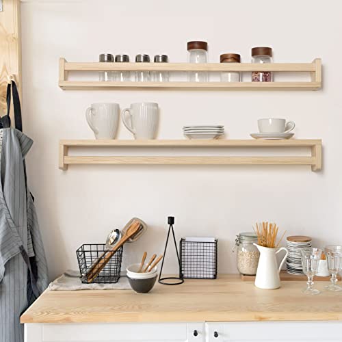 Fun Memories Nursery Book Shelves Set Of 2 - Rustic Natural Solid Wood Floating Bookshelf For Kids - Wall Book Shelves Kitchen Spice Rack For Kids Room, Home Decor - Natural Wood - 32 Inch #TOP4