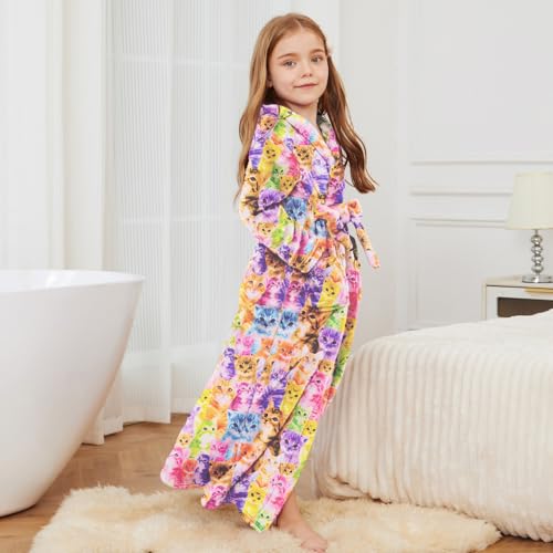 Image of Jxstar Girls Bathrobes Kids Long Hooded Robes Plush Full Length Coral Fleece Pajamas Sleepwear