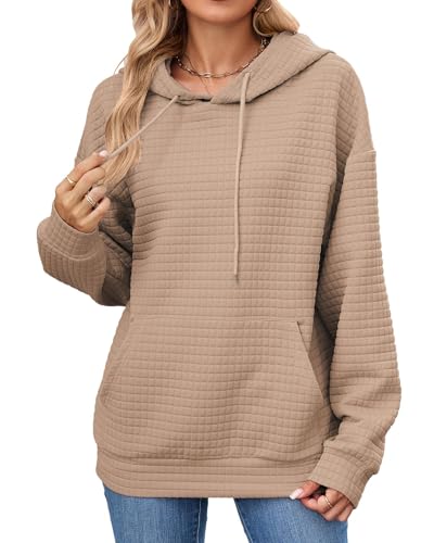 iChunhua Loose Fit Hoodies for Women Solid Color Cozy Waffle Knit Top Long Sleeve Casual Pullover with Pocket Khaki S