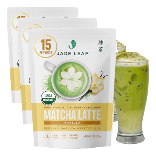 Image of Jade Leaf Matcha Organic Vanilla Matcha Latte Mix - Lightly Sweet Japanese Matcha Powder with Organic Cane Sugar for Cafe Style Blend, 5.3 Ounce / 150g (Pack of 3)