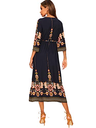 Romwe Women's Floral Print Deep V Neck 3/4 Sleeve A-Line Bohemian Tribal Boho Midi Dress Multicolored Medium #TOP3