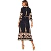 ROMWE Women's Floral Print Deep V Neck 3/4 Sleeve A-Line Bohemian Tribal Boho Midi Dress Multicolored Large