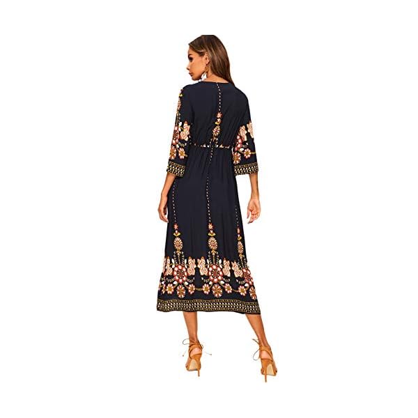 ROMWE Women's Floral Print Deep V Neck 3/4 Sleeve A-Line Bohemian Tribal Boho Midi Dress Multicolored Large