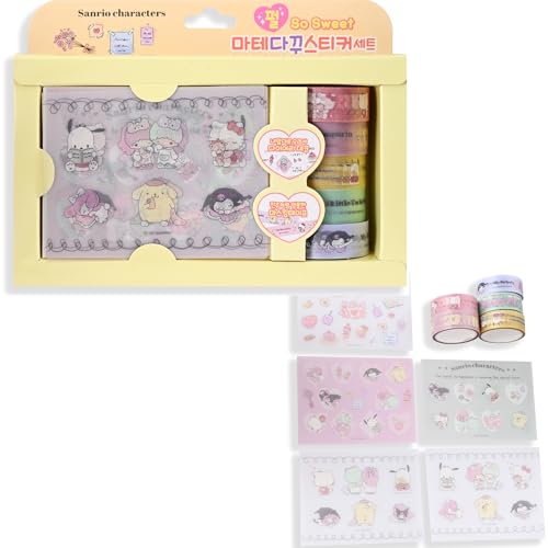 Image of GASHINA STORY Masking Tape & Stickers Set - 5 Pcs for Crafts & Decor - Twinkle Pearl Design - Cute Kawaii Masking Tape Bulk - for Diary /Journal /Planners - Gift Box (San-Rio Characters)