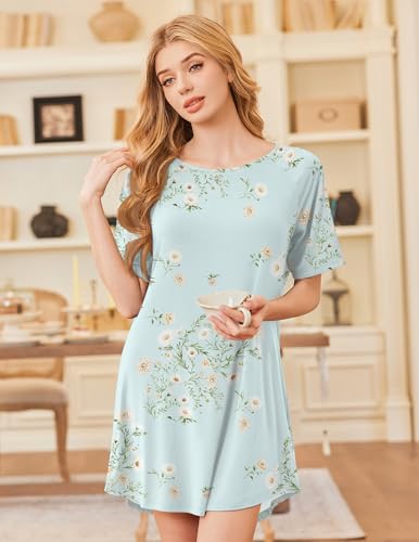 Image of Ekouaer Nightgowns for Women Bamboo Viscose Night Gown Short Sleeve Sleep Shirt Cooling Nightshirt Soft Sleepwear S-XXXL