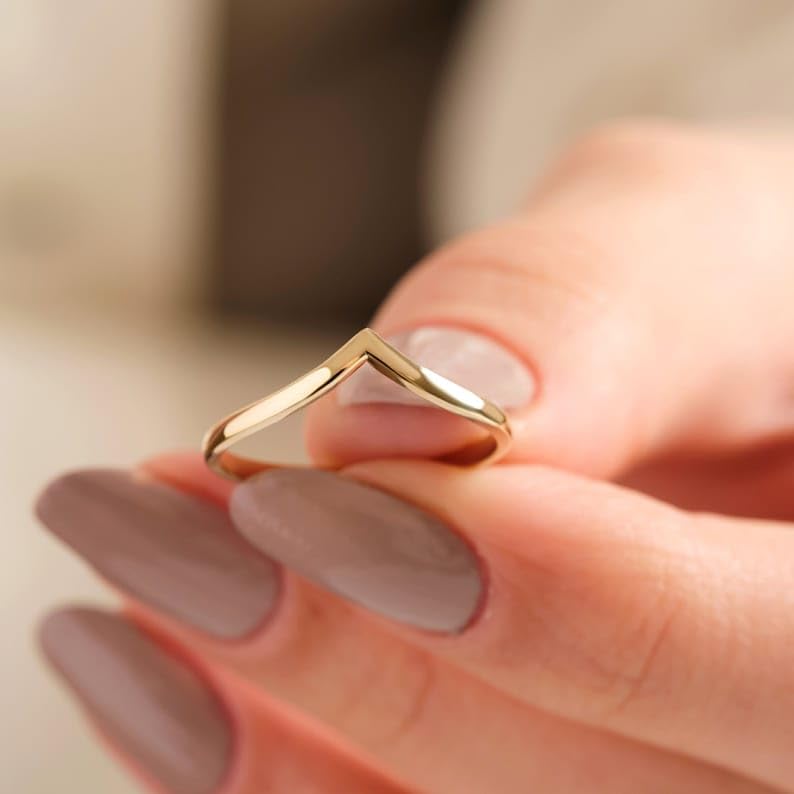 V Shape Chevron Wishbone Wedding Ring Curved Band, V Design Simple Promise Ring Women, Contoured Knuckle Engagement Rings - GJH0962
