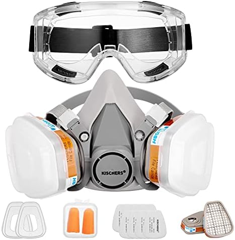 Reusable Half Facepiece and Anti-Fog Safety Goggle Set Against Dust/Organic Vapors/Smells/Fumes/Sawdust/Asbestos Suitable for Painting,Staining,Car Spraying,Sanding &Cutting