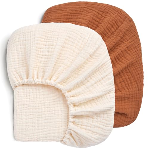 Image of Pro Goleem Muslin Pack n Play Sheets for Boys and Girls, Soft Breathable Cotton Fitted Mini Crib Sheets, Neutral Baby Sheets for Playard Mattress, 2 Pack (Brown&Beige)