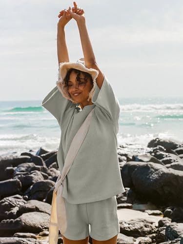 Image of Tankaneo Womens Short Sets 2 Piece Outfits 3 /4 Sleeve Tops and Elastic Waist Shorts Lounge Set Casual Loungewear