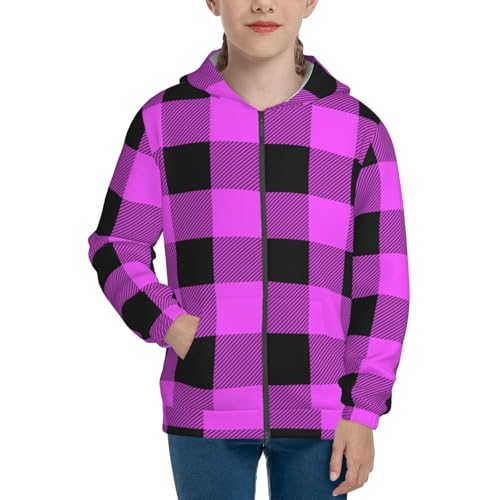 Purple Black Buffalo Plaid Kids Pullover Hoodies Boys Zip Up Sweatshirts Girls Athletic Clothes with Pocket3