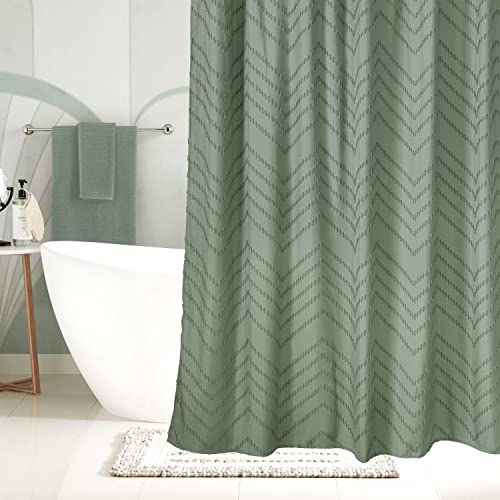 Siiluminisoy Sage Green Boho Shower Curtain Woven Fabric Cute Shower Curtain, 72 X 72 Tufted Chevron Textured Striped Modern Farmhouse Minimalist Shower Curtain Set For Bathroom #TOP6