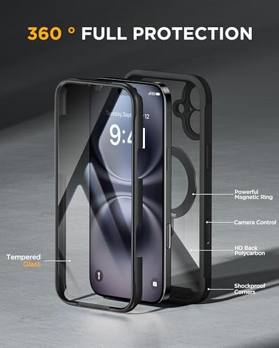 Image of Miracase for iPhone 16 Case with 360 Magnetic Ring Stand [Compatible with Magsafe] Full-Body Drop Proof Bumper Phone Case with Built-in 9H Tempered Glass Screen Protector,Black