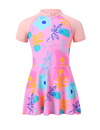 Girls Swimsuit One Piece Swimwear Ruffle Skirts Bathing Suit Zipper Neckline Short Sleeve Beachwear 3-11Y