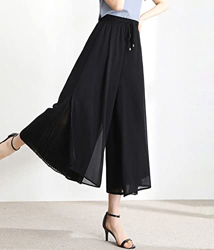 chouyatou Women's Chiffon Wide Leg Pants High Waist Pleated Culotte Palazzo Pants Side Slit2