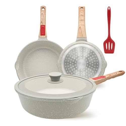 Bobikuke Juego de Sartenes Antiadherentes 20/24/28 Cm, Juego de Sartenes de 5 Piezas con Mango ExtraíBle, con Tapa Universal, Apto Para Todo Tipo de Cocinas, Apto Para Horno Y Lavavajillas (Blanco)