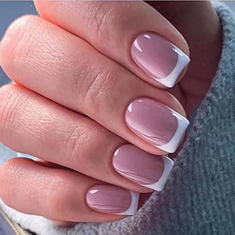 RikView White French Press on Nails Medium Fake Nails Square Stick on Nails Glossy Acrylic Nails 24 PCs/Set Cover