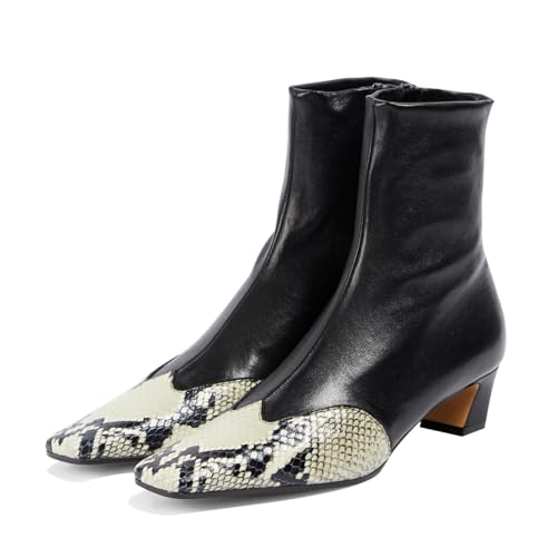 Women's Ankle Boots kitten Block Heel Short Boots Square Toe Splicing Leather Chelsea Dress Booties with Zipper