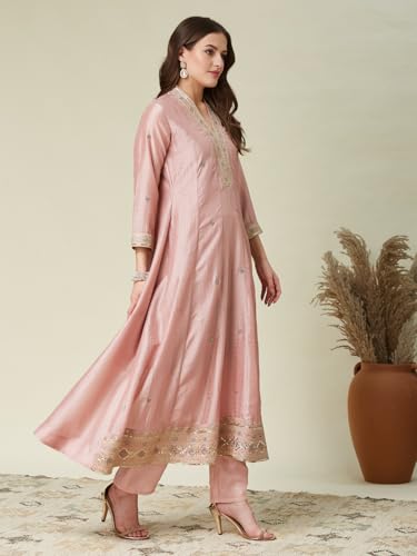 Image of MOKOSH Women's Silk Embroidery Anarkali Kurta Pant with Dupatta | Anarkali Kurta Set |Embroidered |V Neck Full Sleeve Ethnic Suit |3 Piece Outfit