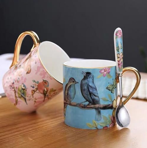 YBK Tech Bone China Porcelain Tea Cup, 12oz Coffee Mug for Home Kitchen Office - Birds Pattern (Pink)