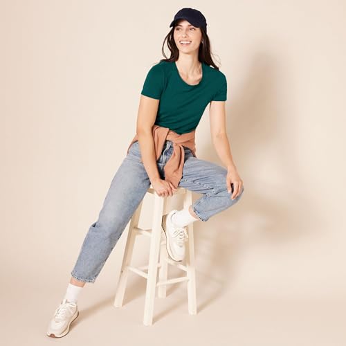 Amazon Essentials Camiseta de Manga Corta con Cuello Redondo y Corte Recto Mujer, Pack de 2, Azul Celeste Claro/Verde Oscuro, XL