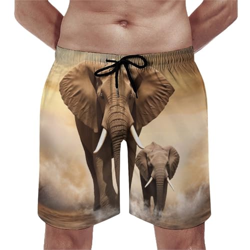 Mens Shorts Elephant and Baby Elephant Men Swim Trunks Quick-Dry Beach Shorts with Drawstring Pocket Bathing Suit