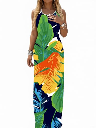 Ulovmi Women Summer Maxi Dresses Sleeveless Tank Sundress Leaf Pattern XL