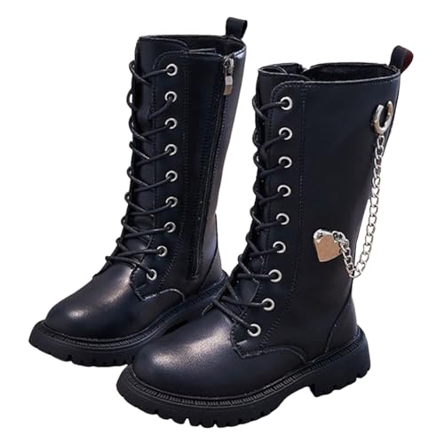 Girls Knee High Boots Winter Lace up Zipper Mid Calf Military Boots with Metal Chain PU Leather Goth Sole Boot Fashion Dress Shoes Fall Winter Spring Steampunk Booties (2 Big Kids)