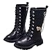 Girls Knee High Boots Winter Lace up Zipper Mid Calf Military Boots with Metal Chain PU Leather Goth Sole Boot Fashion Dress Shoes Fall Winter Spring Steampunk Booties (2 Big Kids)