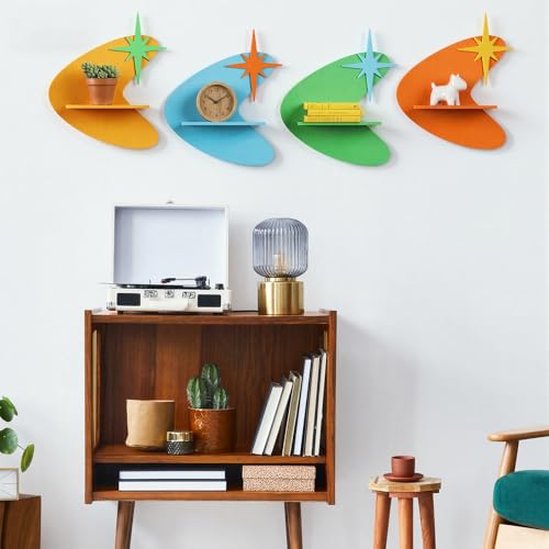 Image of Threehoney Mid-Century Modern Wall Set of 4 Colorful Floating Display Shelves Retro Style Starburst Wall Mounted Shelves Storage for Bedroom, Living Room Decor(Star-Shaped Burst)
