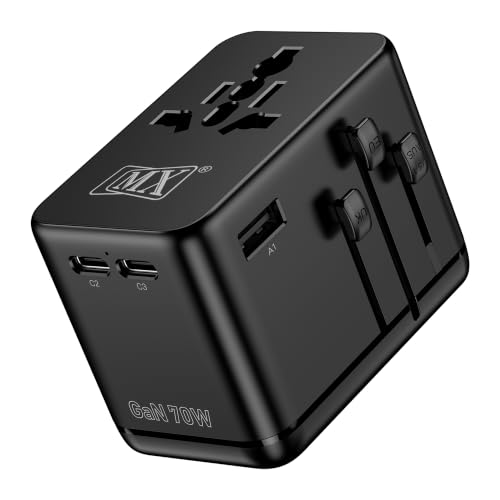 Image of MX GaN 70W Universal Travel Adapter with 2 AC Outlets, 3 USB-C & 1 USB-A Ports, 6-in-1 International Power Adapter for Worldwide Travel, Type A /C /G /I Plugs, 200+ Countries Fast Charging Adapter