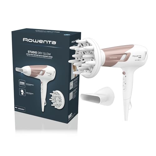 Rowenta Studio Dry Glow sušilo za kosu, 2100 watta, sušilo za kosu s difuzorom za kovrče, 3 postavke temperature i 2 brzine, ionska funkcija, gumb za hladni zrak, bijelo/ružičasto zlato, CV5830