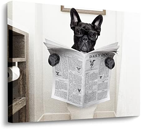 Funny Dog Canvas Wall Art Print French Bulldog Dog Read Newspapers Sitting On Toilet Poster Prints on Canvas Painting Artwork Stretched and Framed Ready to Hang for Bathroom Walls Decor 20x16 inch