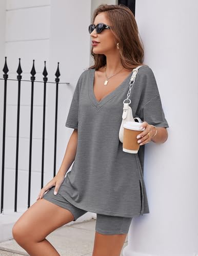 Image of Ekouaer Womens Pajamas 2 Piece Lounge Sets Oversized V Neck T-Shirts Tops Biker Shorts Set Workout Reversible Tracksuit S-XXL