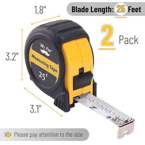 Image of Mr. Pen- Retractable Tape Measure 25 ft, 2 Pack, Yellow, Steel Retractable Measuring Tape with Fractions
